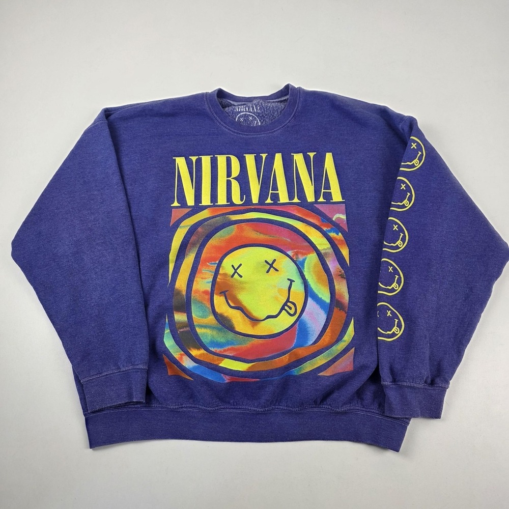 Urban Outfitters Nirvana Sweatshirt Mens Medium Purple Tie Dye Smiley Crewneck